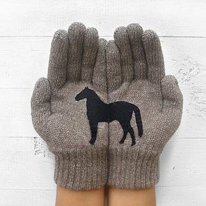 Artist Handmade Beige Gloves Black Pony/Horse